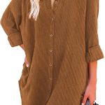 Astylish Women Casual Long Sleeve Button Down Oversized Corduroy Shirt Dress with Pocket